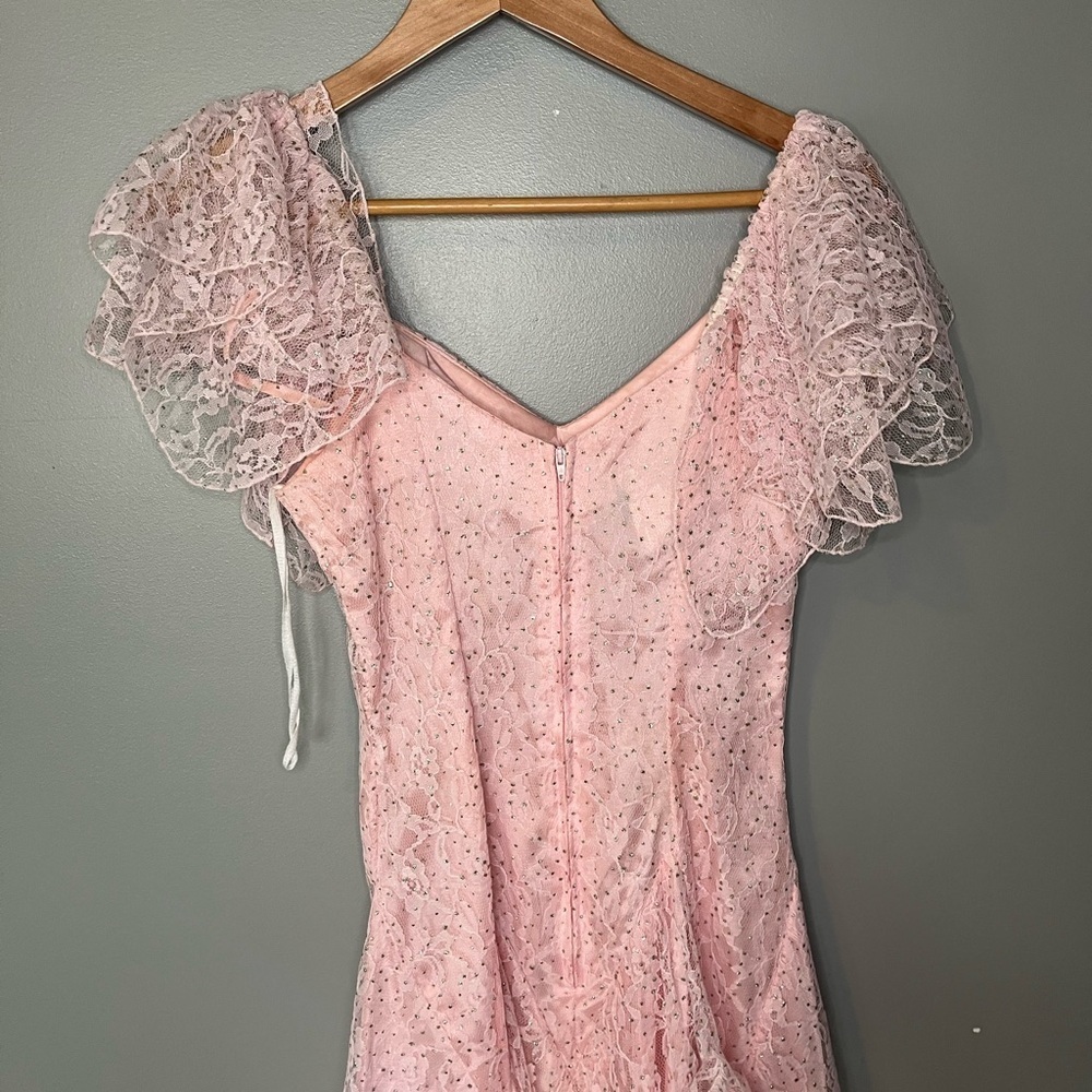 Nuance x Vintage 80s Cinderella Pink Tiered Asymmetrical Lace Rhinestone Dress - Picture 6 of 13